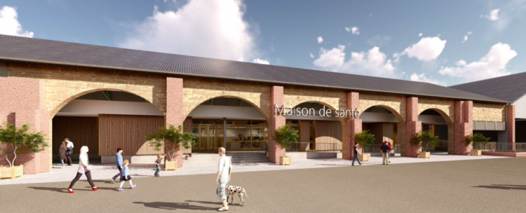 La première pierre de la Maison de santé de Saint-Gobain est posée, d’ici un an l’ancienne halle de la glacerie des glaces accueillera un espace pluriprofessionnel de 774 m2. (© Communauté d’agglomération Chauny-Tergnier-La Fère.)