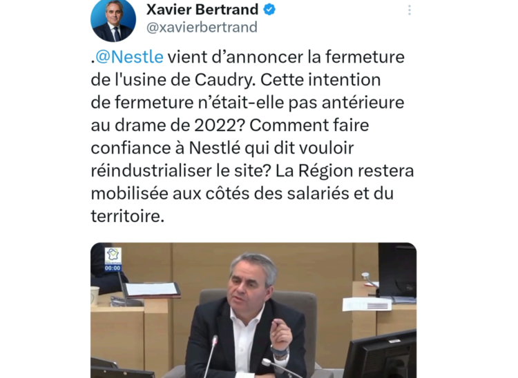 Xavier Bertrand en réaction à l'annonce de la fermeture de l'usine Buitoni à Caudry. (Twitter : @xavierbertrand)